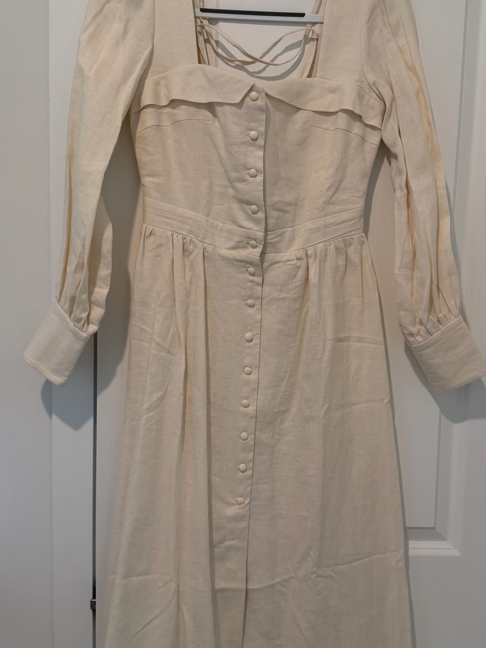 Long-Sleeve Cream Button-Front Midi Dress with Ruffled Neckline - Picture 6 of 8